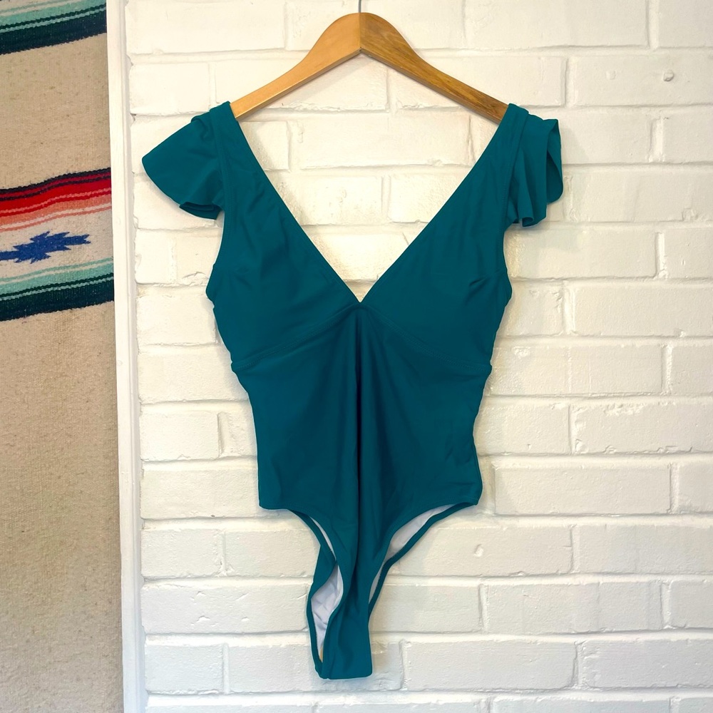 Beachsissi Women’s One Piece Swimsuit Blue Ruffle Sleeve Size Medium Flattering